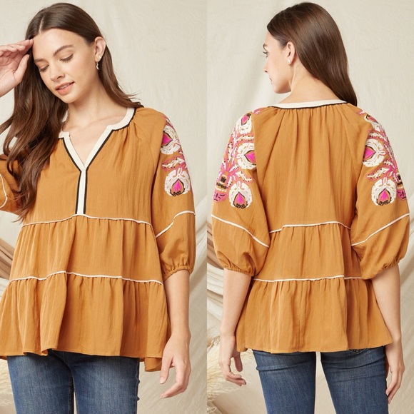 Entro Mustard Yellow Babydoll Top Small Embroidered Pink Peacock Feathers - Picture 1 of 11